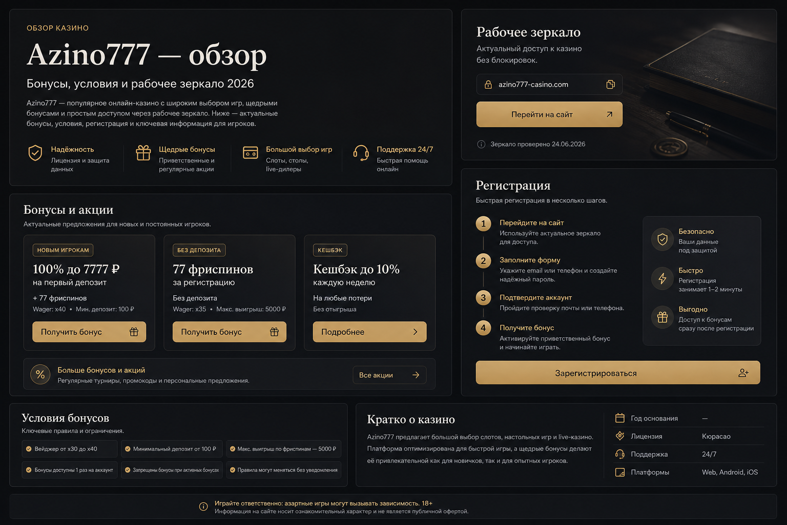 Премиальное превью обзора Azino777: тёмный дашборд с блоками бонусов, зеркала и регистрации